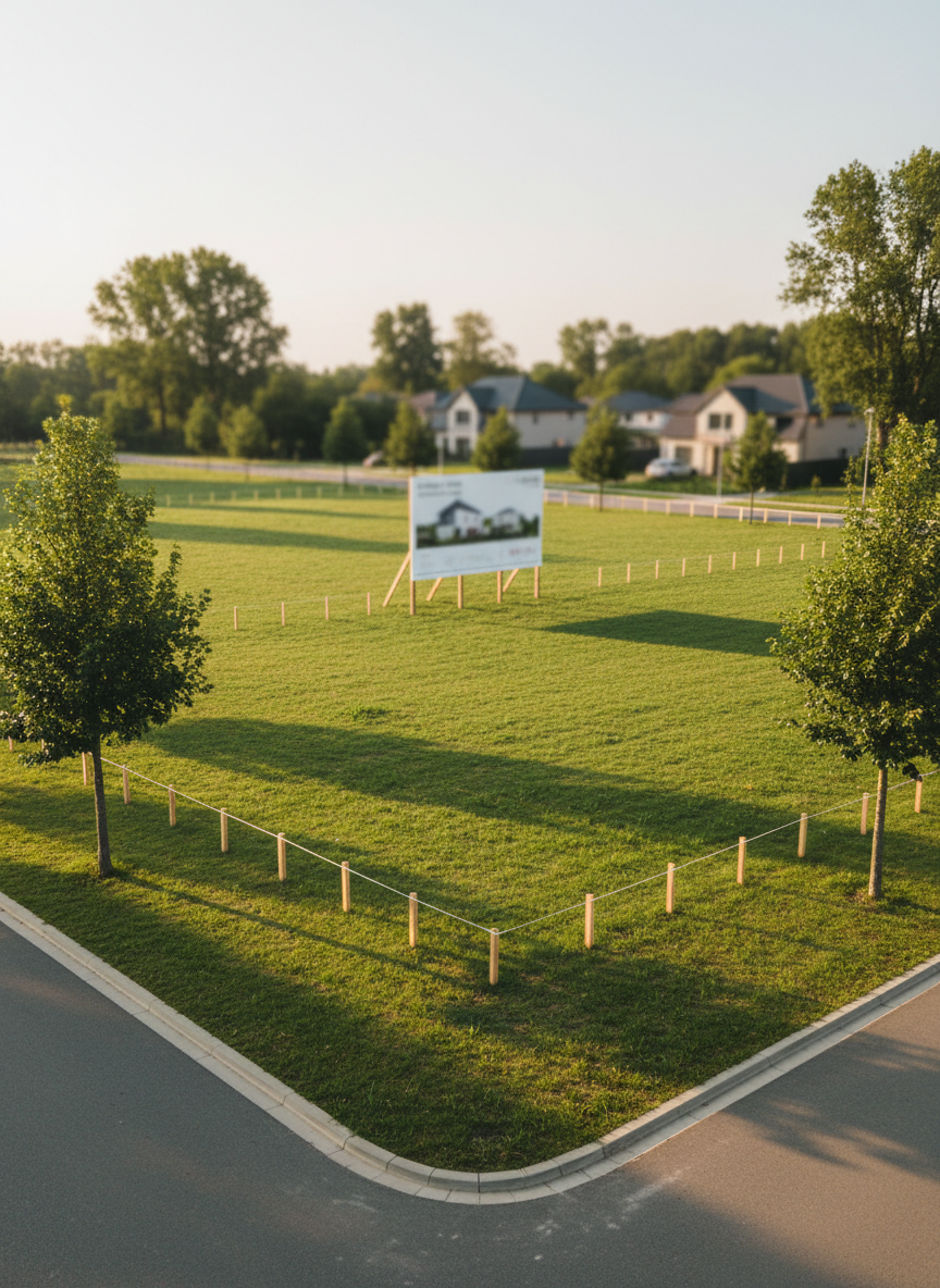 A neatly marked residential development plot representing land investment, with a level grassy surface bordered by low, temporary timber stakes and thin white boundary lines. In the middle distance, there is a generic, non-identifiable outline illustration board suggesting future development, intentionally blurred so no text or designs are readable. Surrounding the plot are a few mature trees and a quiet paved access road, with distant, soft-focus houses that feel non-specific and unobtrusive. Late-morning sunlight creates clear but gentle shadows from the stakes and trees, emphasizing the shape of the land. The mood is full of potential, calm, and orderly. Photographed from a slightly elevated corner angle with a wide field of view and sharp focus on the plot itself, the style is realistic and professional, ideal for illustrating strategic land sourcing opportunities.