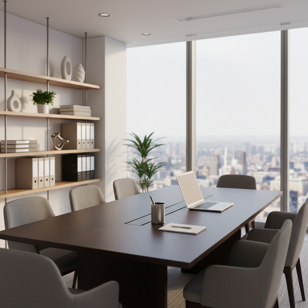 A bright, organized property investment office interior without visible branding, featuring a sleek dark-wood conference table with a subtle matte finish, arranged with a closed laptop, a clean white notepad, and a simple metal pen holder. Surrounding the table are modern upholstered chairs in muted gray fabric. In the background, large windows reveal a soft-focus city skyline, while minimalist shelving holds neutral binders and decor. Natural daylight streams in, complemented by discreet recessed ceiling lights, creating a balanced, professional illumination. The atmosphere is calm, trustworthy, and efficient. Shot from a slightly elevated angle with moderate depth of field, the composition emphasizes the work surface and orderly layout, in a photographic, clean and modern style that suggests strategic property planning and investment discussions without any staff present.