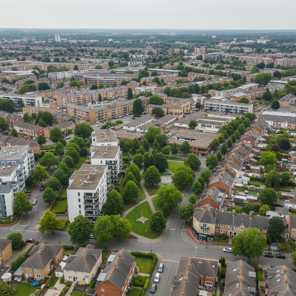 An elevated, wide panoramic view of a mixed-use neighborhood illustrating diverse property investment opportunities, with mid-rise apartment blocks, detached houses, and discreet commercial buildings. Roofs show varied but harmonious tones of slate gray and warm terracotta, interspersed with tree-lined streets and small pocket parks. The scene is lit by soft overcast daylight, reducing harsh shadows and providing even, realistic detail across the urban landscape. The atmosphere feels stable, established, and quietly prosperous. Shot from a high vantage point with a wide-angle lens and deep depth of field, every building is clearly rendered yet non-specific, avoiding recognizable landmarks. The photographic realism and balanced composition subtly convey the breadth of potential investments in residential, land, and commercial property, supporting a professional, long-term investment perspective.