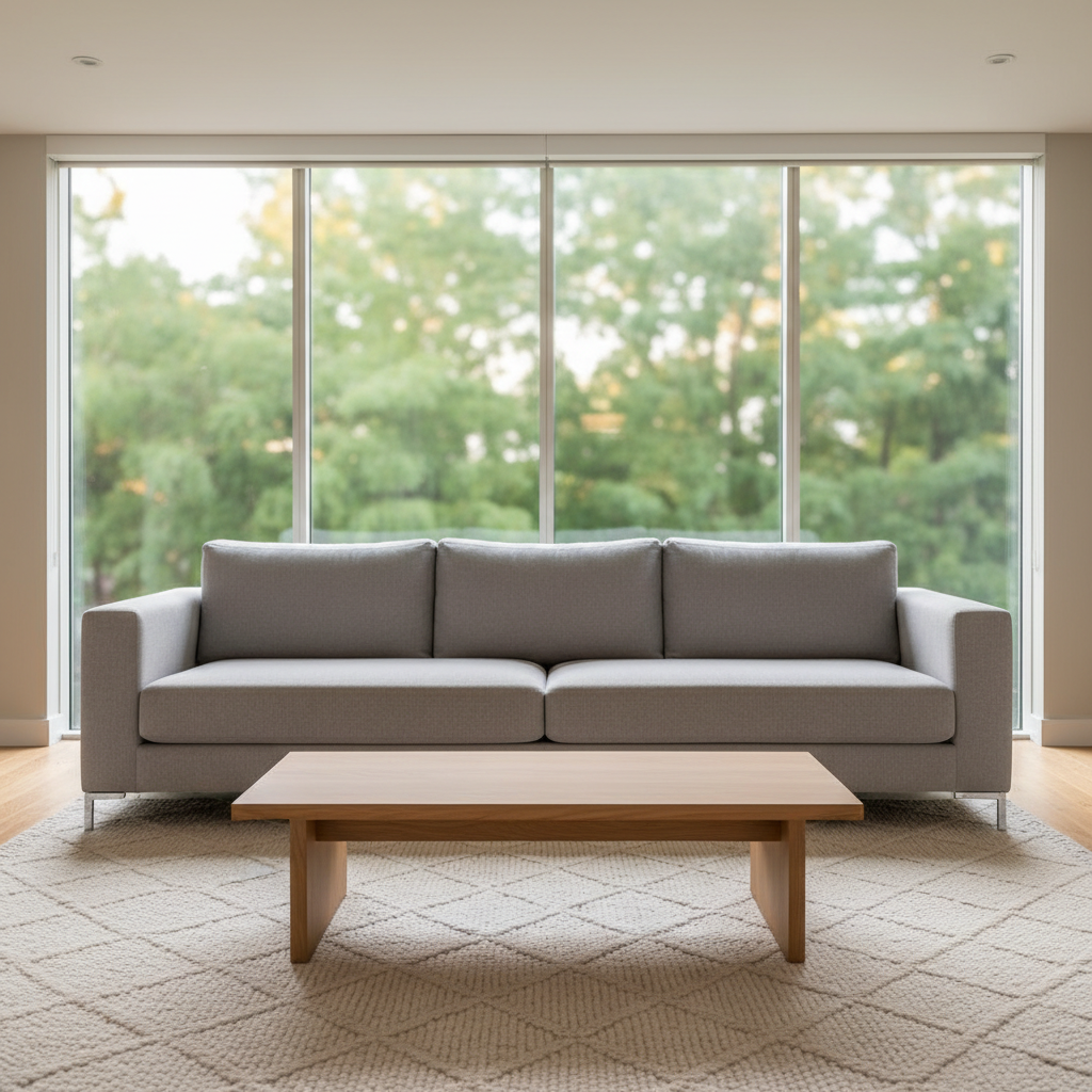 A spacious living room of a high-quality rental property, designed in a neutral, universally appealing style. A large, light-gray fabric sofa with crisp edges sits on a textured woven rug, facing a low-profile wooden coffee table with a smooth, natural finish. Floor-to-ceiling windows along one wall reveal only a soft, blurred suggestion of greenery outside. Gentle early-evening natural light combines with warm recessed ceiling lights, casting welcoming highlights across the soft furnishings. The mood is inviting and move-in ready, suitable for discerning tenants or buyers. Captured at an eye-level perspective, the composition uses symmetrical balance and sharp focus throughout, highlighting clean lines, uncluttered surfaces, and premium finishes in an authentically photographic, modern real estate aesthetic with no personalized decor or artwork.
