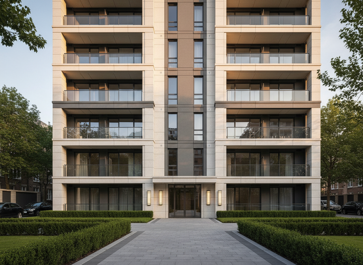 A contemporary residential building facade representing premium property investment, with clean architectural lines, neutral stone cladding, and expansive glass balconies. The structure stands within a well-maintained urban neighborhood, with manicured hedges, a paved walkway, and tasteful exterior lighting fixtures beside the entrance. Soft late-afternoon natural light bathes the building, creating gentle shadows that emphasize its geometry and quality materials. The mood is professional, secure, and aspirational. Captured at eye level with a wide-angle lens, the composition uses the rule of thirds, keeping the building centered while including surrounding streetscape for context. Photographic realism, crisp focus from foreground paving stones to the top of the building, conveying trustworthiness and long-term investment potential without highlighting any specific, identifiable real property.