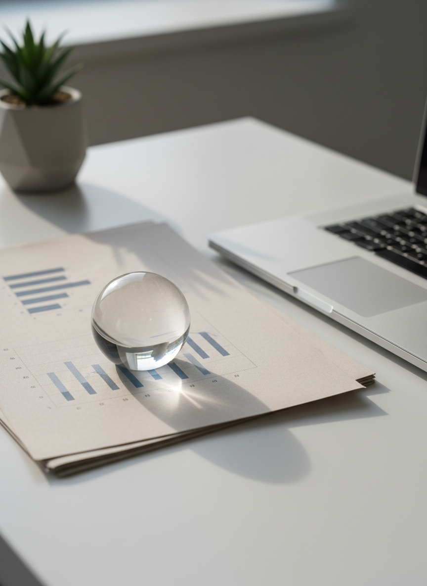 A detailed close-up of a property investment analysis scene on a minimalist desk, without any visible numbers, logos, or readable text. A stack of neutral, unbranded documents with subtle graphs and shaded bar shapes sits beside a sleek, closed silver laptop. A clear glass paperweight rests on the top sheet, catching the light. The desk surface is smooth, matte white, with a small, tasteful potted plant adding a hint of green. Soft diffused daylight from an unseen window gently illuminates the scene, creating delicate shadows and reflections. The mood is analytical, precise, and trustworthy. Shot from a slightly elevated, three-quarter angle with shallow depth of field, the foreground documents are in sharp focus while the background fades into a soft blur, in a clean, photographic style symbolizing careful property management and investment decisions.